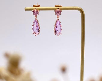 Purple Pink Crystal Drop Earrings-Pink Teardrop Earrings-Bridal Pink Earring-Bridesmaid Earring-Party Earrings-Gift Her