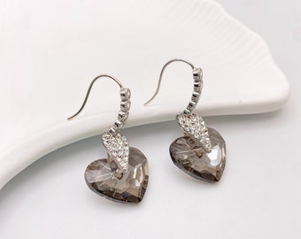 Smoky Swarovski Crystal Heart Drop Earrings, Elegant Silver Tone Dangle, Bridal Evening Jewelry Gift for Her