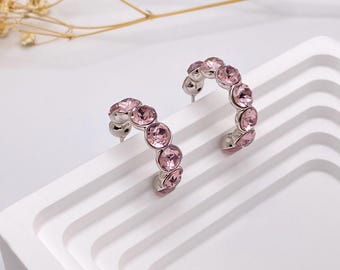 Light Pink Swarovski Crystal Half Hoop Earrings, Blush Pink Open Hoop Earrings, Modern Everyday Jewelry