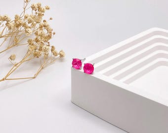 Fuchsia Swarovski Crystal Stud Earrings, Hot Pink Round Earrings, Vivid Magenta Statement Studs, Silver Tone Jewelry
