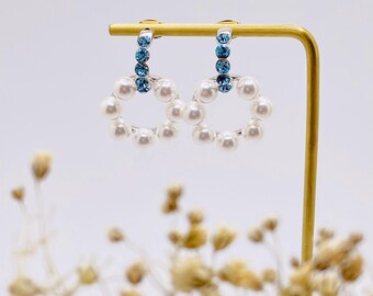 Blue Crystal & Pearl Hoop Earrings – Elegant Bridesmaid Wedding Jewelry