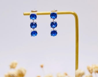 Sapphire Blue Swarovski Crystal Earrings-Three-Stone-Deep Blue Crystal Dangle Earrings--Bridal Party Earring-Gift Her