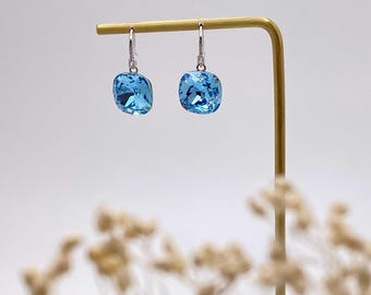 Sky Blue Swarovski Crystal Cushion Drop Earrings, Bridal Jewellery, Wedding Guest Look