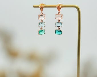 Multicolor Crystal Drop Earrings-Colorful Crystal Linear Dangle Earrings-Crystal Statement Earrings-Geometric Earrings-Something Green Gift