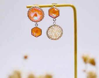 Orange Swarovski Crystal Mismatched Earrings, Iridescent Geometric Statement Earrings, Asymmetrical Dangle Earrings