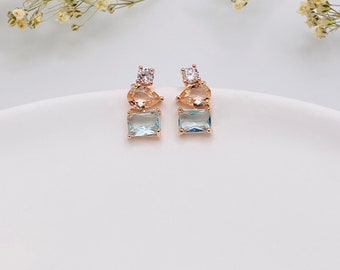 Crystal Stud Earrings: Clear Rhinestone with Blue Accent, Silver Post