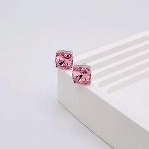 Pink Crystal Stud Earrings-Cushion-Cut Pink Earrings-Minimalist Swarovski Earrings-Timeless&Classy Pink Stone Earrings Formal Wear-Gift Her