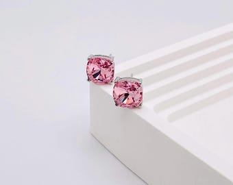 Pink Crystal Stud Earrings-Cushion-Cut Pink Earrings-Minimalist Swarovski Earrings-Timeless&Classy Pink Stone Earrings Formal Wear-Gift Her