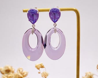 Swarovski Crystal Drop Earrings: Deep Purple Teardrop and Oval Hoop Dangle, Oversize Statement