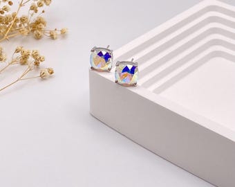 Aurora Borealis Cushion Cut Crystal Stud Earrings – Square AB Swarovski Studs – Bridal Crystal Earrings – Gift for Her