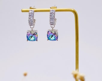 Swarovski Crystal Dangle Earrings: Iridescent Cushion Cut Drop Earrings with Baguette Accents, Silver Tone, Multicolor