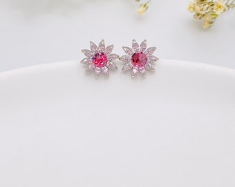 Pink Swarovski Crystal Flower Stud Earrings-Romantic Floral Earrings-Gift