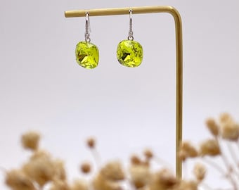 Lime Green Swarovski Crystal Cushion Drop Earrings, Sparkly Party Jewellery, Statement Evening Earrings
