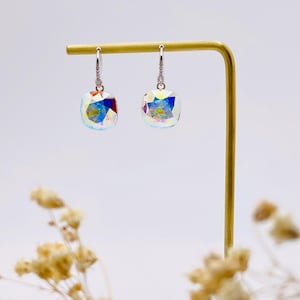 Iridescent Swarovski Crystal Drop Earrings-Cushion Cut Aurora Borealis Dangle Earrings on Silver Hooks-Bridal, Party, Formal Gifts for Her