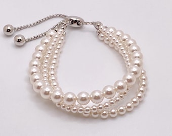Multi Strand Swarovski Pearl Bracelet, Layered White Pearl Wedding Jewelry, Adjustable Bracelet for Bride or Mother of Bride