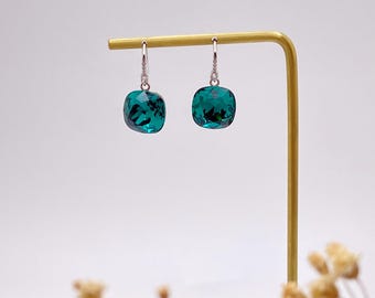 Emerald Green Swarovski Crystal Cushion Drop Earrings, Elegant Evening Jewellery, Formal Event Earrings