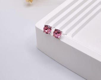 Pink Swarovski Crystal Stud Earrings: Silver-Tone Minimalist Jewelry, Faceted Round Crystals, Small Stud Earrings