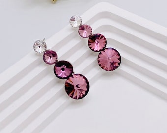 Swarovski Crystal Drop Earrings: Dark Pink Formal Statement Jewelry