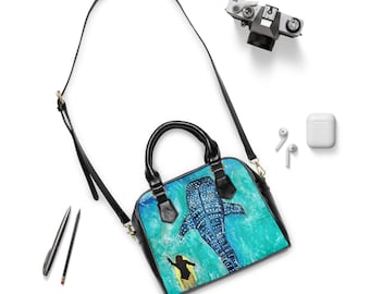 Bolso de hombro con ilustración de tiburón ballena / Silueta de nado en el océano