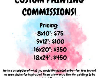 May include: Custom painting commissions pricing guide with different sizes and prices. 8x10 inches: $75, 9x12 inches: $100, 16x20 inches: $350, 18x24 inches: $450.