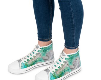 Zapatillas altas para mujer con estampado de manatí / Ilustración de animales del océano