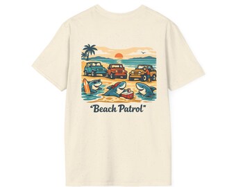 Camiseta con diseño de Jeep y tiburones en la playa / Escena playera, tiburones, puesta de sol