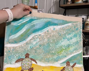 Bolsa de lona con ilustraciones de tortugas marinas bebé pintadas a mano