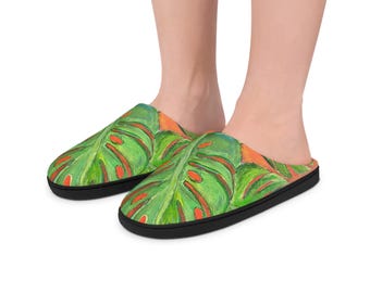 Pantuflas de interior con hojas de monstera tropical / Estampado de palmeras verdes