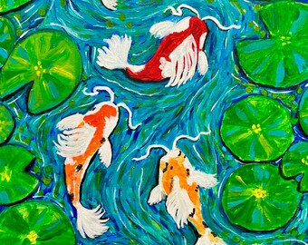 Pintura de un estanque de peces koi/“Baila bajo los lirios”