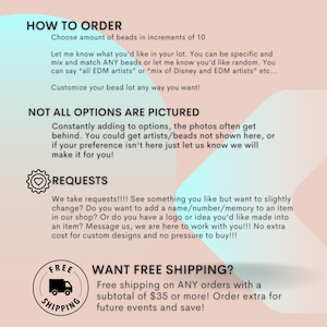 May include: A pink and blue graphic with the text "HOW TO ORDER" and "NOT ALL OPTIONS ARE PICTURED". The graphic also includes the text "WANT FREE SHIPPING?" with a free shipping icon. The text says "Free shipping on ANY orders with a subtotal of $35 or more! Order extra for future events and save!"