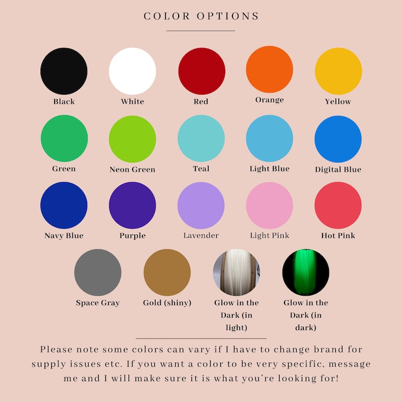 May include: Color chart with 18 different color options for a product. The colors include black, white, red, orange, yellow, green, neon green, teal, light blue, digital blue, navy blue, purple, lavender, light pink, hot pink, space gray, gold, glow in the dark (light), and glow in the dark (dark).