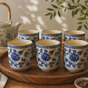 Op de afbeelding: Een keramische theeset met een theepot en zes bijpassende kopjes. De kopjes en de theepot hebben een blauw-wit bloemenontwerp. De set is gerangschikt op een houten dienblad.