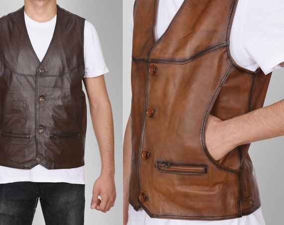 Mens Leather Vest Brown Leather Clothing Cowboy Vest Vintage