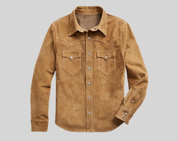Men Suede Trucker Jacket, Real Suede Leather Scully Western Shirt, Tan Trucker Cowboy Shirt