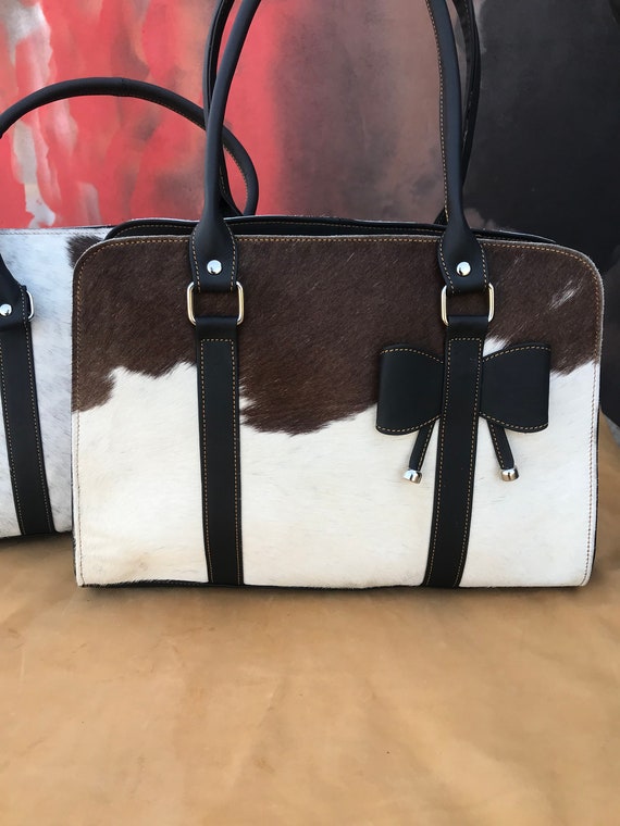 Ladies Cowhide Leather Tote Bag Brown and White Cowhide Women Etsy