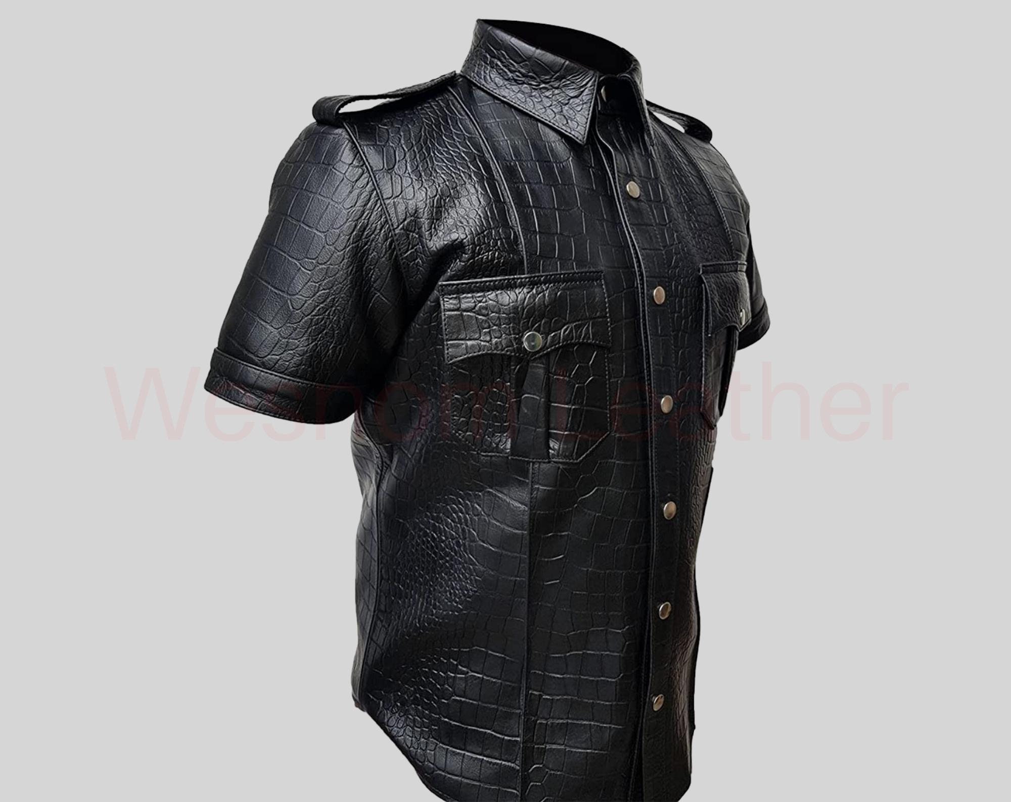 Men's Real Black Leather Jacket with Short Standing Collar