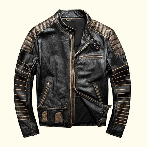 Men's Black Vintage Motorcycle Distressed Coffee Racer Leather Jacket