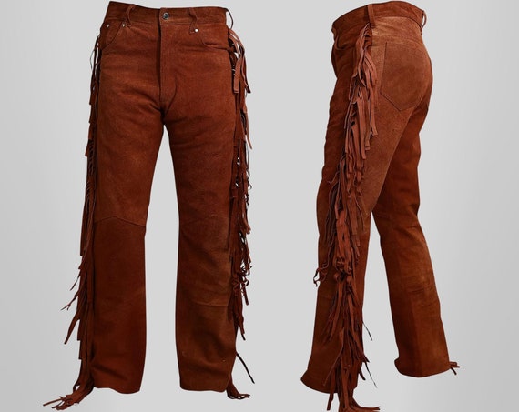 Men Cowboy Native American Brown Fringe Suede Leather Pant