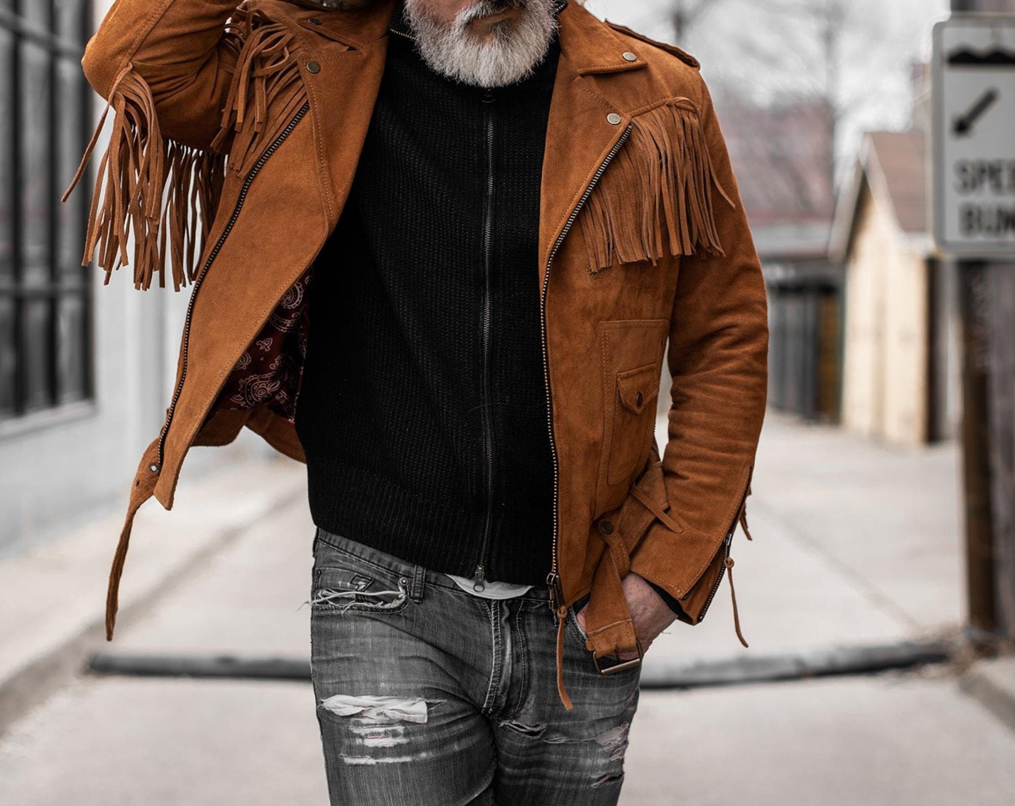 Fringe Suede Leather Belted Jacket, Men's Western Style Fringe Jacket ...