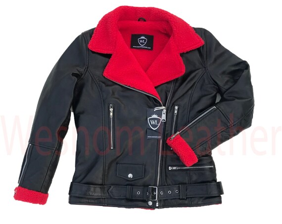 Women Leather Jacket Black Jacket Red Fur Jacket Biker Jacket