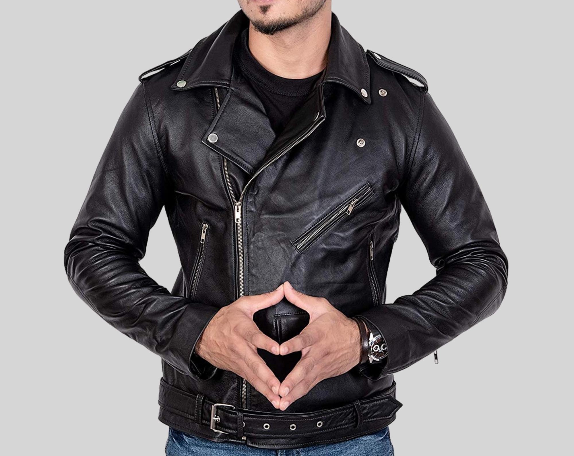 Men's Black Genuine Leather Biker Jacket Men's Black - Etsy