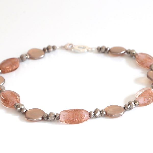 Collier perles de verre rose bronze taupe collier chaine