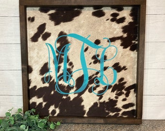 Personalized Cowhide Monogram Sign, Farmhouse Decor (16x16)