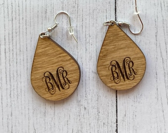 Wooden personalized Teardrop engraved earrings personalized gift