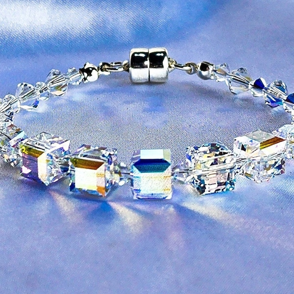 The Swarovski Easy Clasp Bracelet.  Crystal Cube Bracelet. Magnetic Clasp. Lobster Clasp