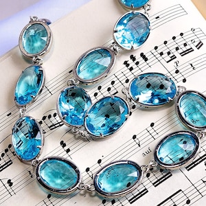 Aquamarine Big Crystal Collet Necklace, Light Blue Anna Wintour Necklace, Riviere Necklace, Bracelet and Earrings. Jewelry Set.