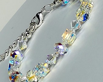 Geometric Handmade Crystal Swarovski Bracelet. Bridal Aurora Borealis Crystal Bracelet.