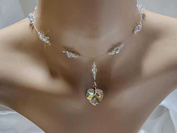 Swarovski Crystal Heart Necklace Illusion Lariat Necklace. BRIDE. Bridesmaids Gift