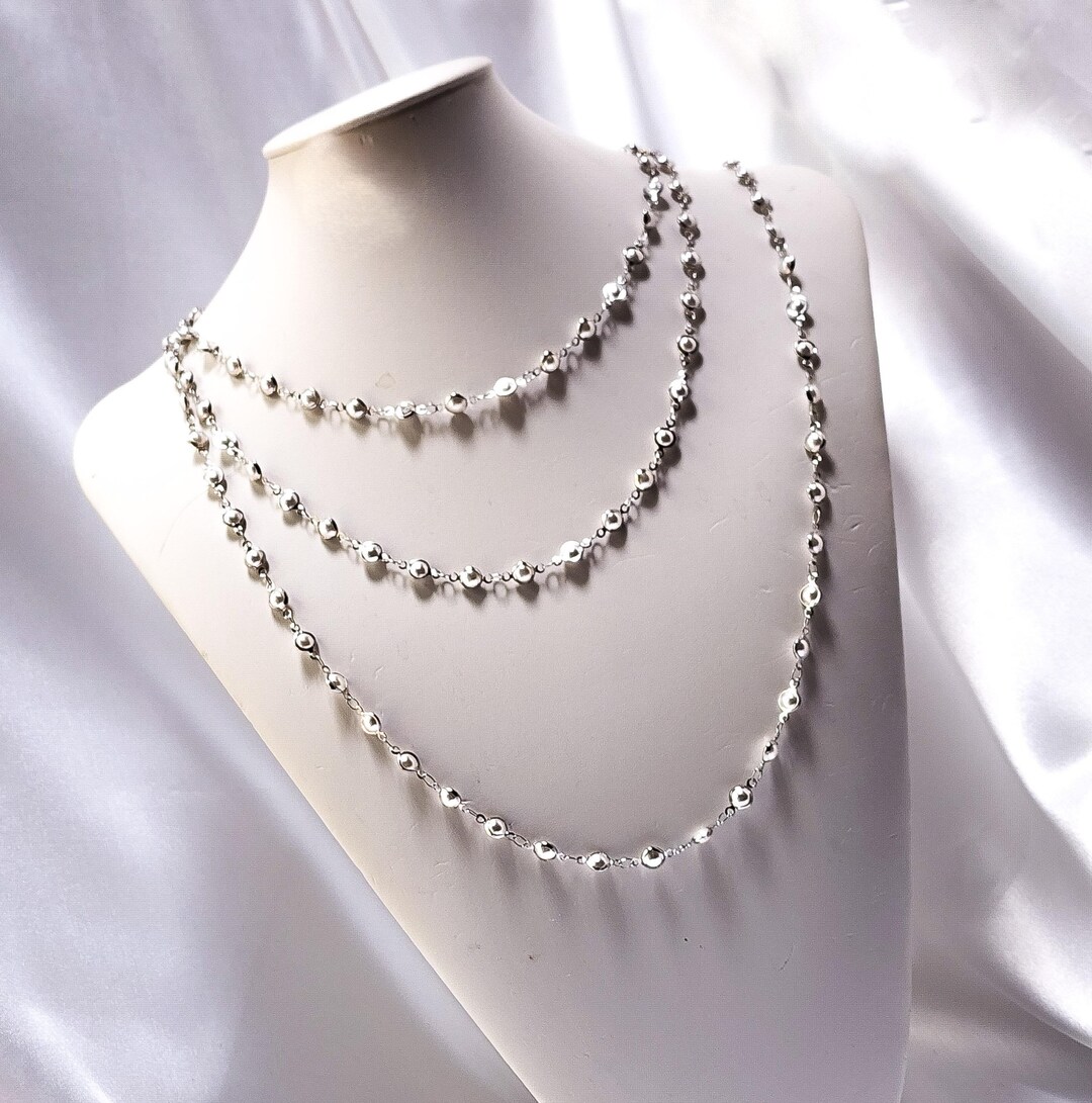 Long Faux Pearl Necklace in Silver Tone. 72 Inches Long Over the Head