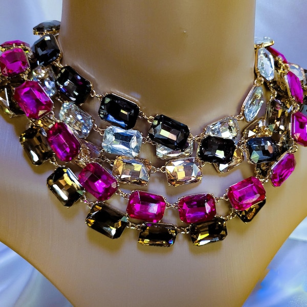 Anna Wintour Big Crystal Necklaces. Plus Size Octagon Crystals. Stackable Necklaces.